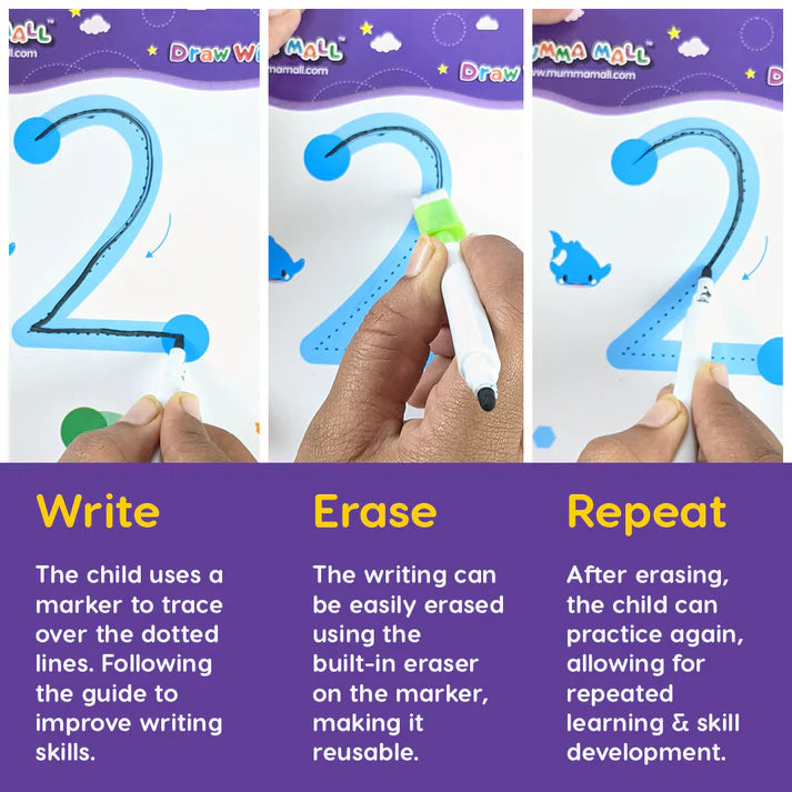 68 Pages Reusable Tracing Line book to improve HAND WRITING For 2+ Years kids
